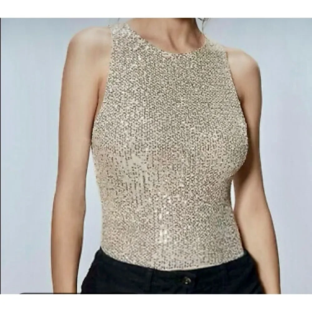 Zara bodysuit sequins glam disco night out sylver festive women S